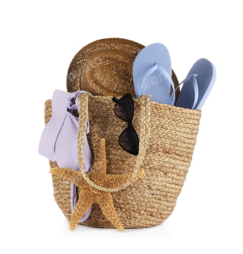 Preview: Different stylish beach accessories on white background