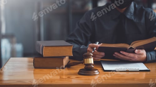Preview: Lawyer working on a document in the office. Legal law, advice and justice concept.