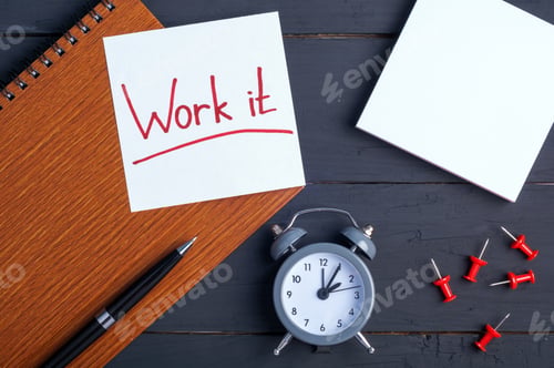 Preview: Sticky note with word Work it. Office workplace.