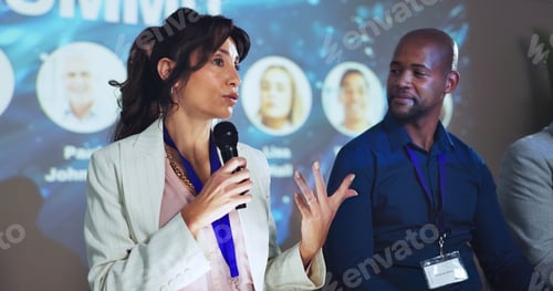 Preview: Stage, seminar and microphone with business people and technology for networking, industry panel an