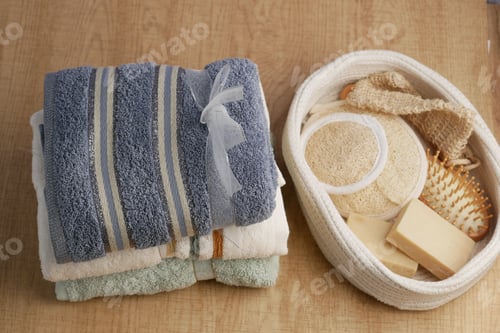 Preview: Towels and spa essentials arranged on a wooden surface