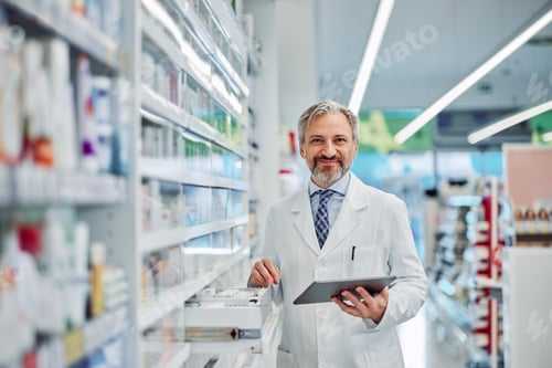 Preview: Portrait of a grey-bearded smiling male pharmacy employee with a tablet.