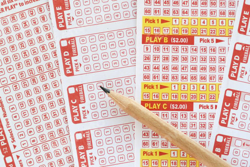 Preview: Flat lay of lottery ticket sheets with numbers and pencil - lottery forms slips for choosing numbers