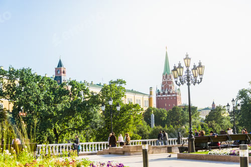 Preview: MOSCOW, RUSSIA - SEPTEMBER 23.09.2017: Tourists walk in Moscow Kremlin in summer day.