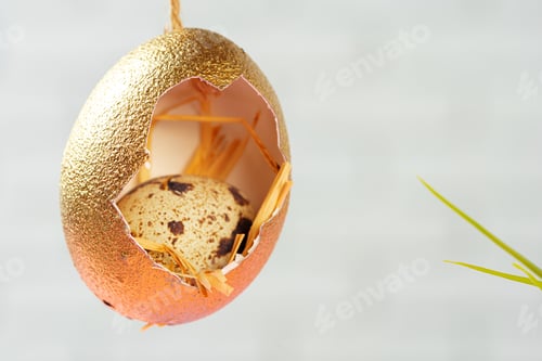 Preview: Colored Easter eggs hanging on dry branches. Easter concept