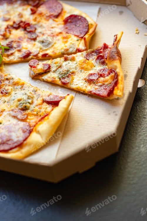 Preview: Pizza Cheese Sausage Salami Assorted Meat Serving Portion Size Natural Top View Place Copy Space