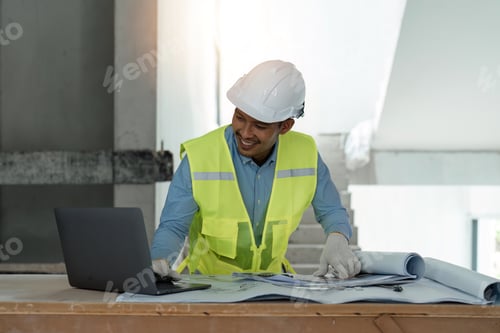 Preview: asian male engineer working with drawings inspection on laptop on construction site at work desk in