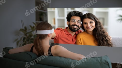Preview: Lady In Virtual Reality Headset Looking At Screen Communicating Indoor