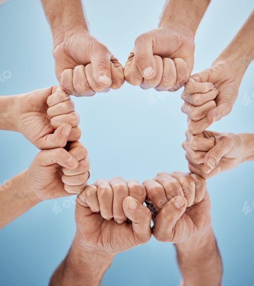 Preview: People, hands together and fist bump in teamwork, unity or community below blue sky background. Low