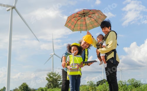 Preview: family of four is standing in field with wind turbines in the background