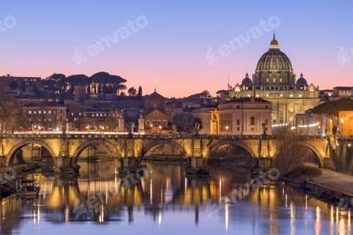 Preview: St. Peter's Basilica in Vatican City with the Tiber River passing through Rome, Italy