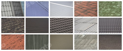 Preview: A collage of many pictures with fragments of various types of roofing close up