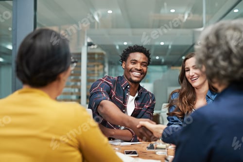 Preview: Shot of a creative businesswoman shaking her new coworkers hand in the office