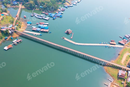 Preview: Aerial top view of houses in Mon village, Kanchanaburi, Thailand in urban city town in Asia