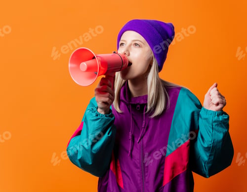 Preview: Style woman in 90s tracksuit with megaphone on orange background