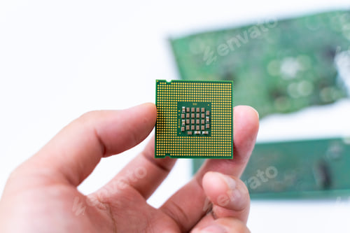Preview: IC CPU in hand with PCB board background. Concept of Technology computer and hardware computer.