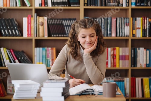 Preview: Girl studying among books using laptop
