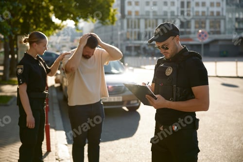 Vista previa: Un policía llena un formulario de delito, mientras una policía tranquiliza a un ciudadano molesto