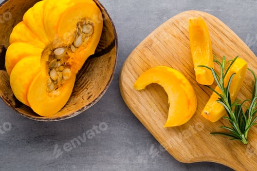 Bright Yellow Squash with Rosemary on Cutting Board