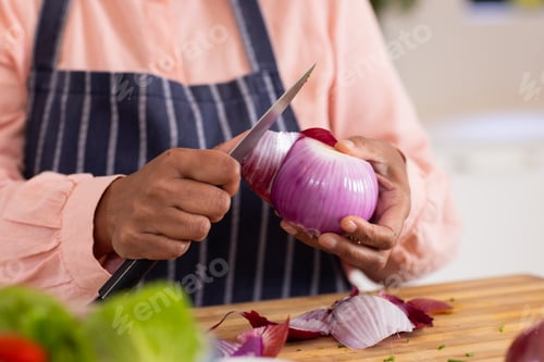 Preview: Chopping red onion, person preparing ingredients for cooking in kitchen