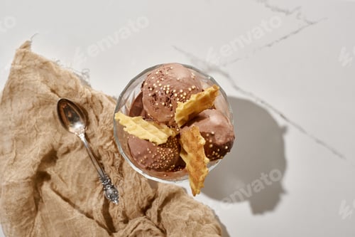 Preview: top view of delicious chocolate ice cream in bowl with waffles near brown cloth with spoon on marble