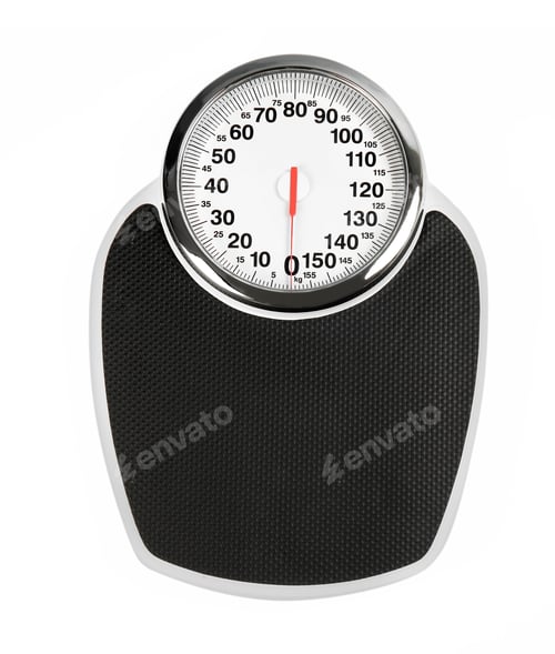Preview: Modern scales on white background, top view