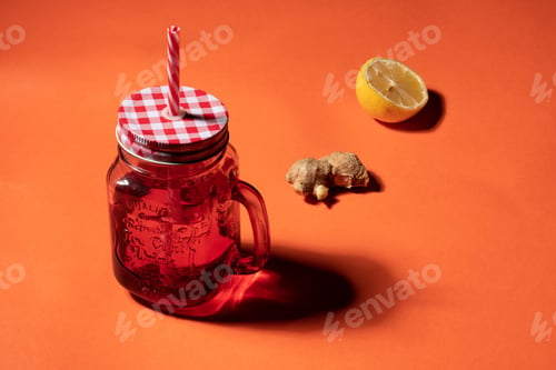 Preview: Cocktail with lemon and ginger in a red glass mug isolated on orange background with cut ingredients