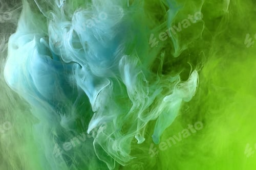 Preview: Abstract green and blue color background. Swirling vibrant hookah smoke, dynamic paint in water.