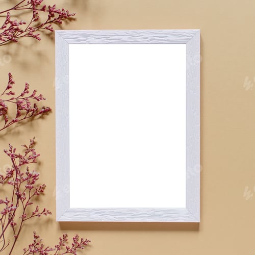 Preview: Blank greeting card, invitation and envelope mockup. Minimal floral frame made of dry flowers