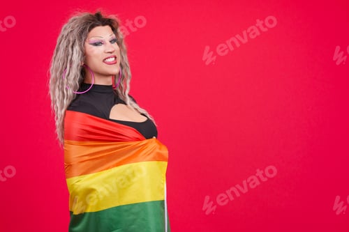 Preview: Proud transgender person wrapping with a rainbow lgbt flag