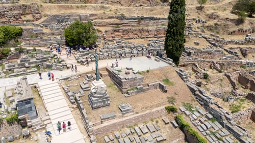Preview: Aerial bird's eye view photo taken by drone of archaeological site of ancient Delphi.