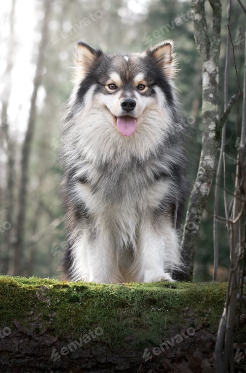 Preview: Portrait of a young Finnish Lapphund dog standing outdoors in nature or forest or woods