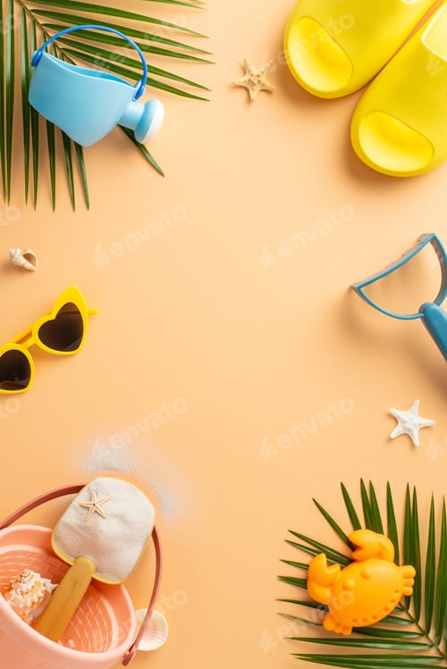 Preview: Vibrant holiday vertical top view scene: kids' sand playset, fashionable shades, tiny slippers