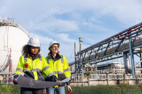 Preview: Two female engineers in safety gear review large blueprints at an industrial gas facility.