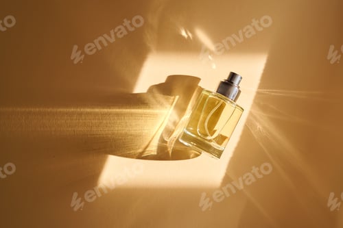 Preview: Perfume on a beige background in the rays of bright sun with beautiful highlights.