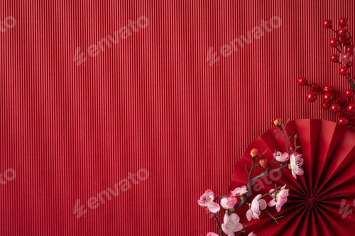 Preview: Luxurious red Chinese New Year background featuring delicate cherry blossoms and a paper fan