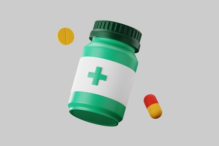Preview: Pharmaceutical bottle, pills, and plus symbol