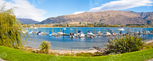 Preview: Panoramic Photo of Sailing Boats at Lake Wanaka Harbour, South Island, New Zealand