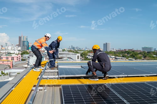 Preview: Engineers and technicians check drawings for installing solar cell panels on the roof.