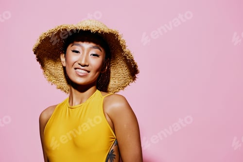 Preview: Smile woman yellow portrait swimsuit brunette trendy pink beauty young summer fashion