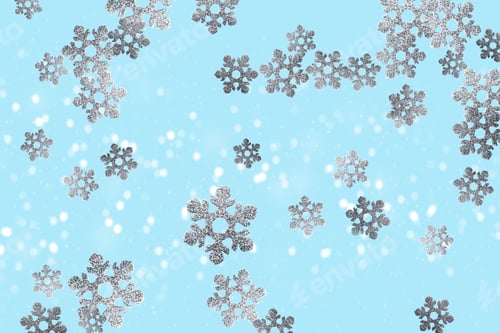 Preview: Silver snowflakes falling with snow on light blue background