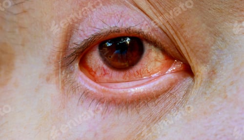 Preview: Close up of one annoyed red blood eye of male affected flu, cold or allergy