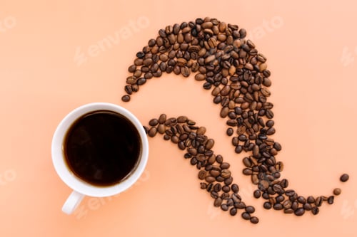 Preview: Beige flat lay, cup of coffee, roasted coffee beans steam shape from hot coffee