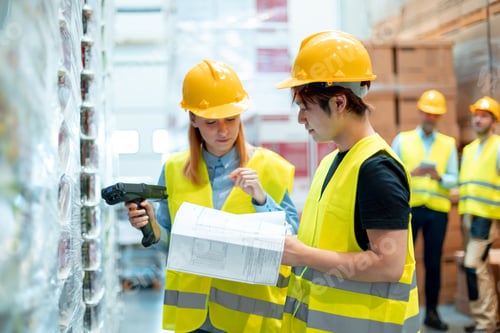 Preview: Warehouse workers looking on documents and checking list of packages