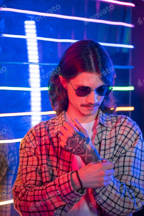 Preview: Portrait of confident young man in a modern neon style