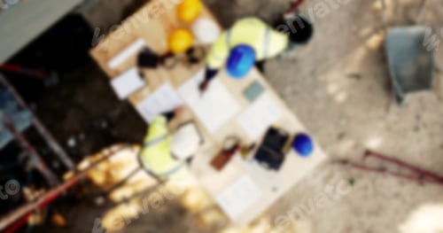 Preview: Blueprint, construction site and people at table with teamwork, blurred layout and inspection from