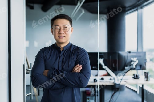 Preview: Portrait of successful Asian programmer, team leader company owner smiling and looking at camera