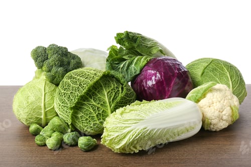 Preview: Many different fresh ripe cabbages on wooden table