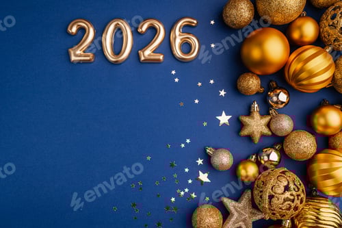 Visualização: Celebração dourada do Ano Novo de 2026 com decorações festivas