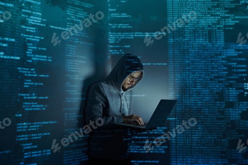 Preview: Young man in hooded shirt using computer while standing against dark background